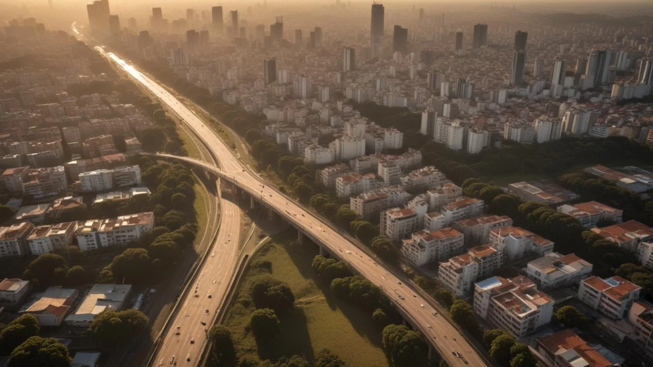 Vista aérea de avenida movimentada com prédios e trânsito em uma grande cidade
