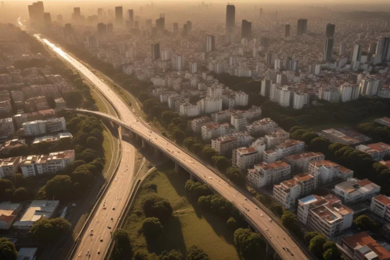 Vista aérea de avenida movimentada com prédios e trânsito em uma grande cidade