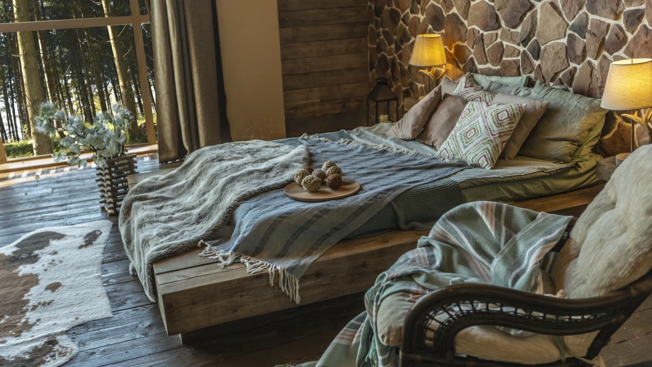 Quarto de pousada com cama de casal arrumada, móveis de madeira e luz natural entrando pela janela