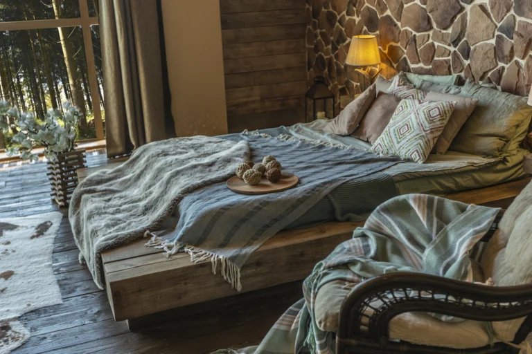 Quarto de pousada com cama de casal arrumada, móveis de madeira e luz natural entrando pela janela