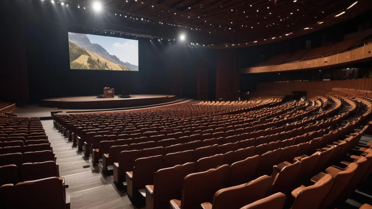 Auditório com fileiras de poltronas vazias e palco iluminado ao fundo