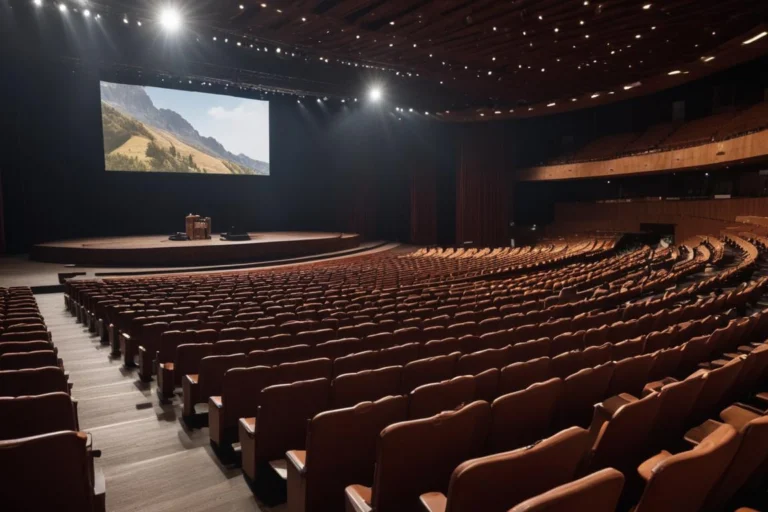Auditório com fileiras de poltronas vazias e palco iluminado ao fundo