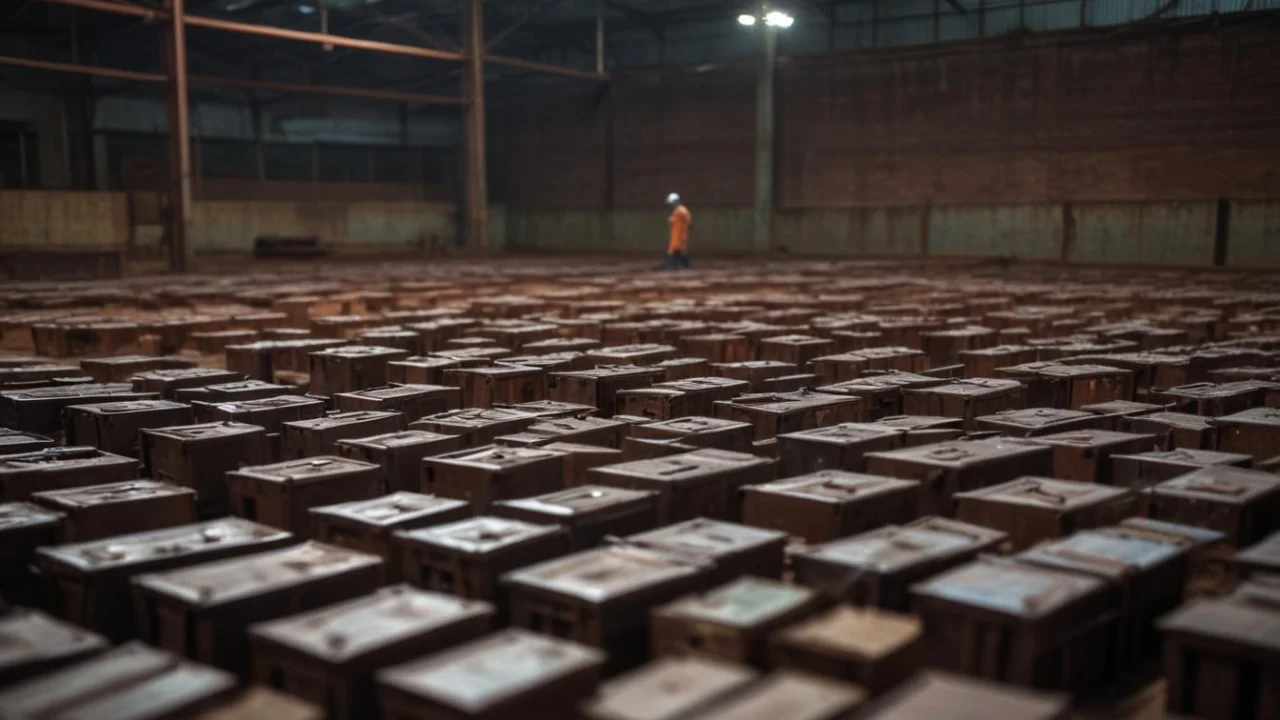Galpão industrial com prateleiras de metal e caixas de papelão empilhadas, corredor central vazio