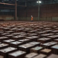 Galpão industrial com prateleiras de metal e caixas de papelão empilhadas, corredor central vazio