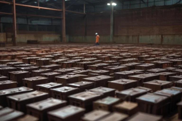 Galpão industrial com prateleiras de metal e caixas de papelão empilhadas, corredor central vazio