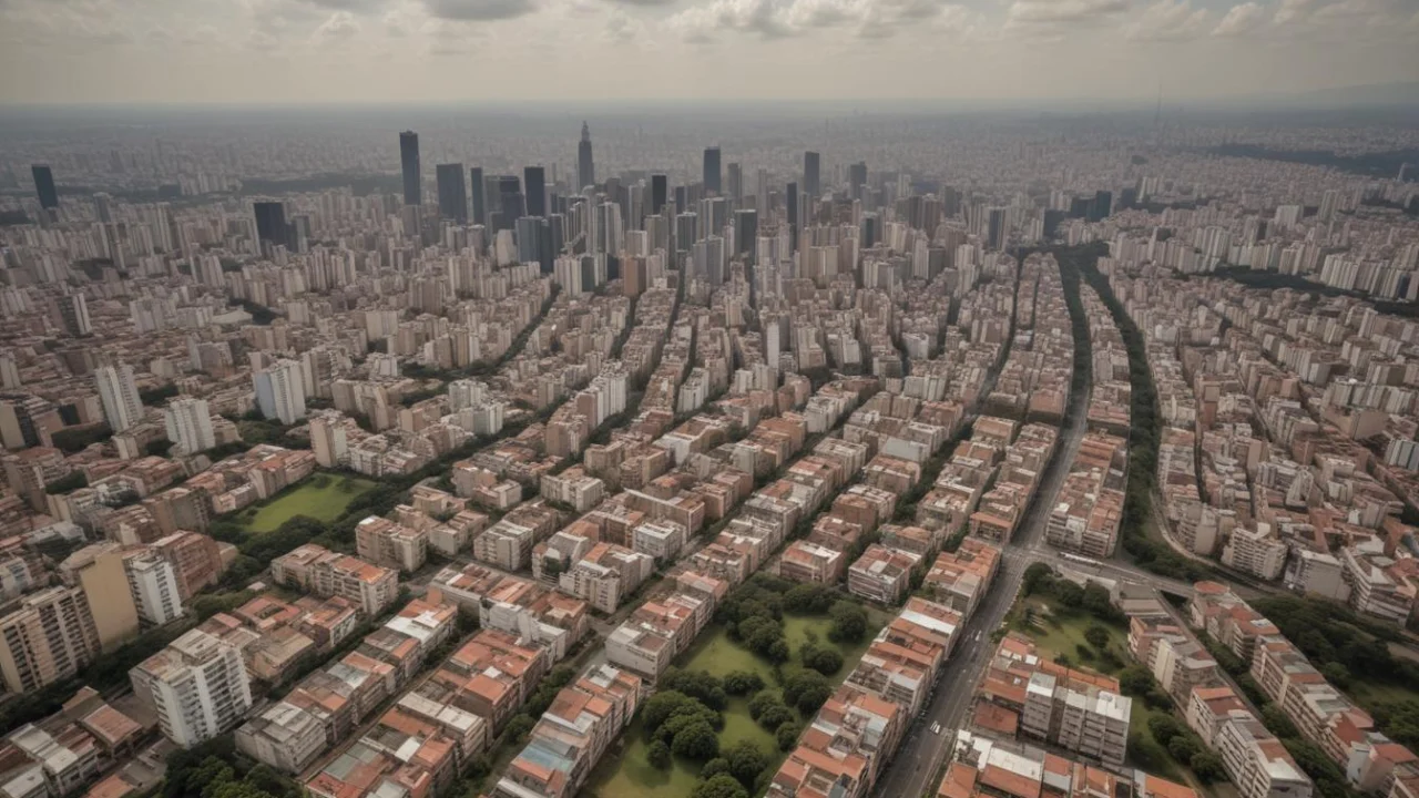 Vista aérea de um bairro denso da Grande São Paulo em manhã nublada, com avenidas largas e quadras residenciais