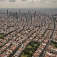 Vista aérea de um bairro denso da Grande São Paulo em manhã nublada, com avenidas largas e quadras residenciais