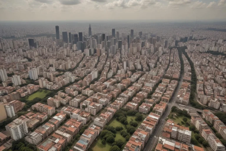 Vista aérea de um bairro denso da Grande São Paulo em manhã nublada, com avenidas largas e quadras residenciais