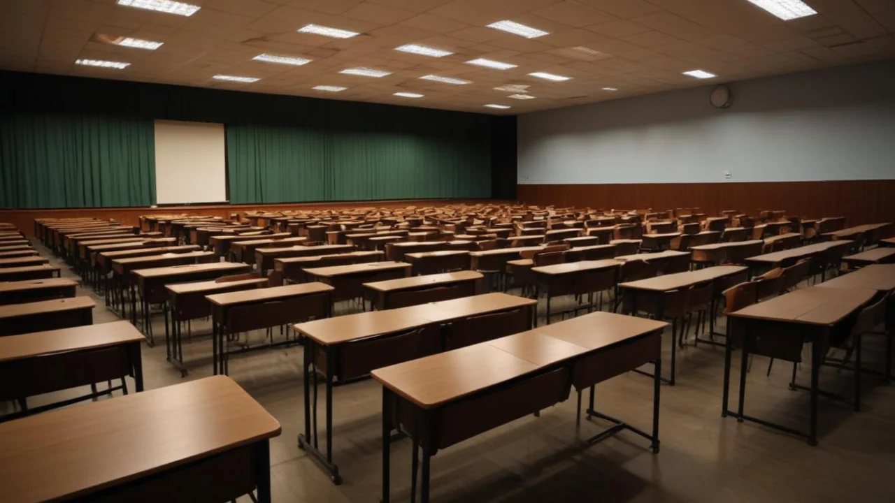 Sala de aula de escola pública com carteiras enfileiradas, vazia, à noite