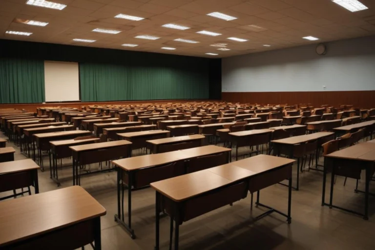 Sala de aula de escola pública com carteiras enfileiradas, vazia, à noite