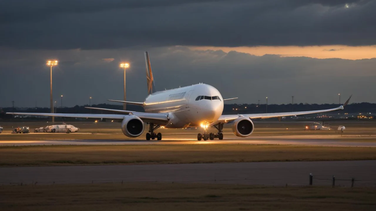 Avião de grande porte taxiando em pista de aeroporto ao anoitecer, com torres de iluminação ao fundo