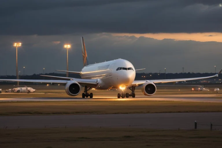 Avião de grande porte taxiando em pista de aeroporto ao anoitecer, com torres de iluminação ao fundo