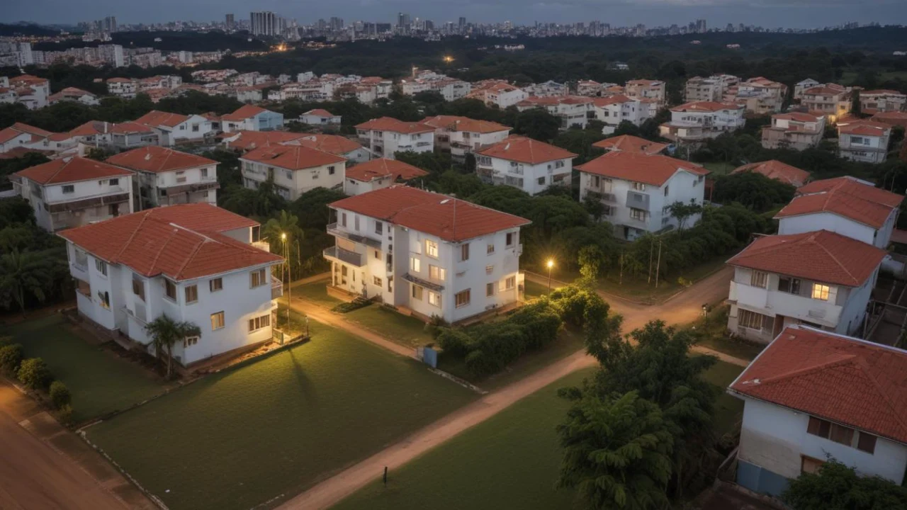 Vista ampla de prédios residenciais baixos, ruas e árvores ao entardecer.