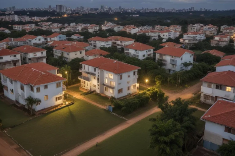 Vista ampla de prédios residenciais baixos, ruas e árvores ao entardecer.