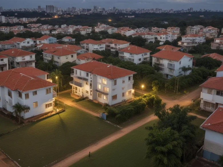 Vista ampla de prédios residenciais baixos, ruas e árvores ao entardecer.