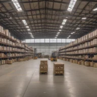 Interior de centro de distribuição logístico com prateleiras metálicas e caixas sobre paletes