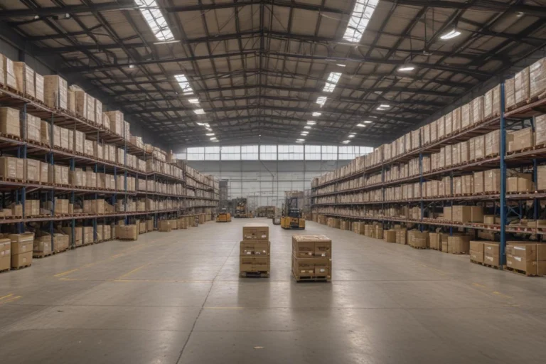 Interior de centro de distribuição logístico com prateleiras metálicas e caixas sobre paletes