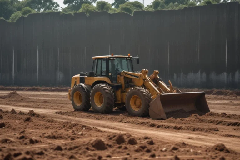Pá carregadeira amarela em terreno de obra de terra batida diante de muro alto, vista em plano aberto