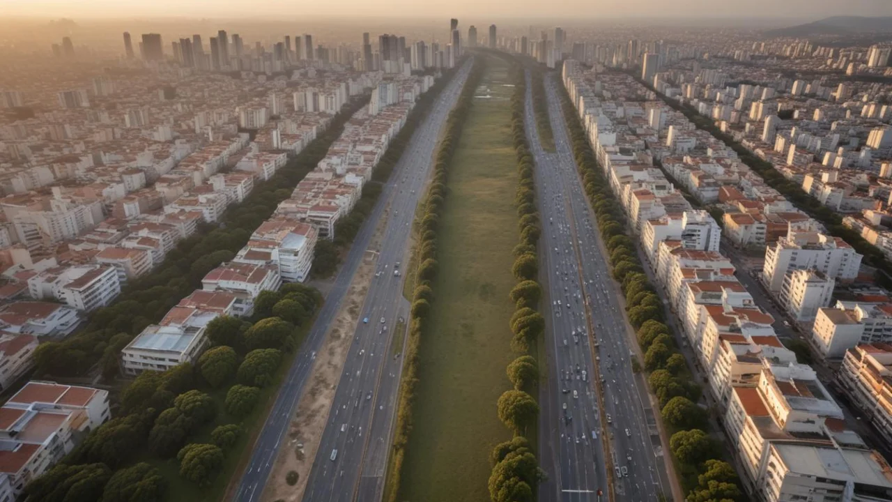 Vista aérea de avenida movimentada de cidade grande ao amanhecer, com faixas de trânsito e canteiro central arborizado