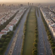 Vista aérea de avenida movimentada de cidade grande ao amanhecer, com faixas de trânsito e canteiro central arborizado