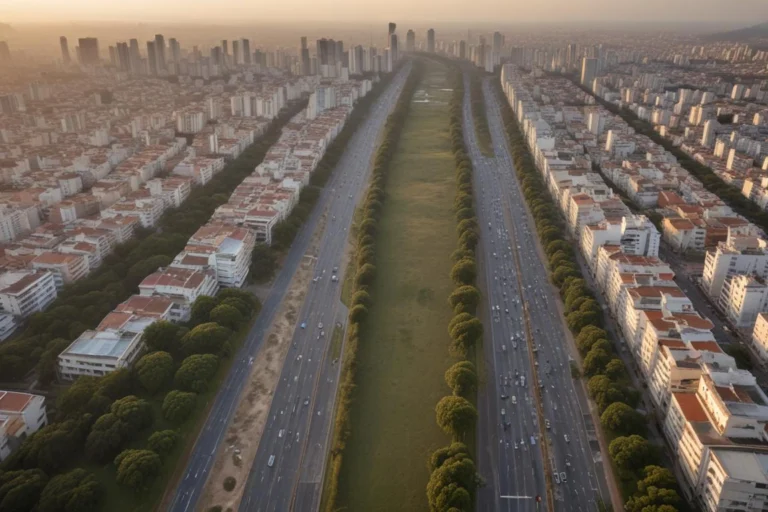 Vista aérea de avenida movimentada de cidade grande ao amanhecer, com faixas de trânsito e canteiro central arborizado
