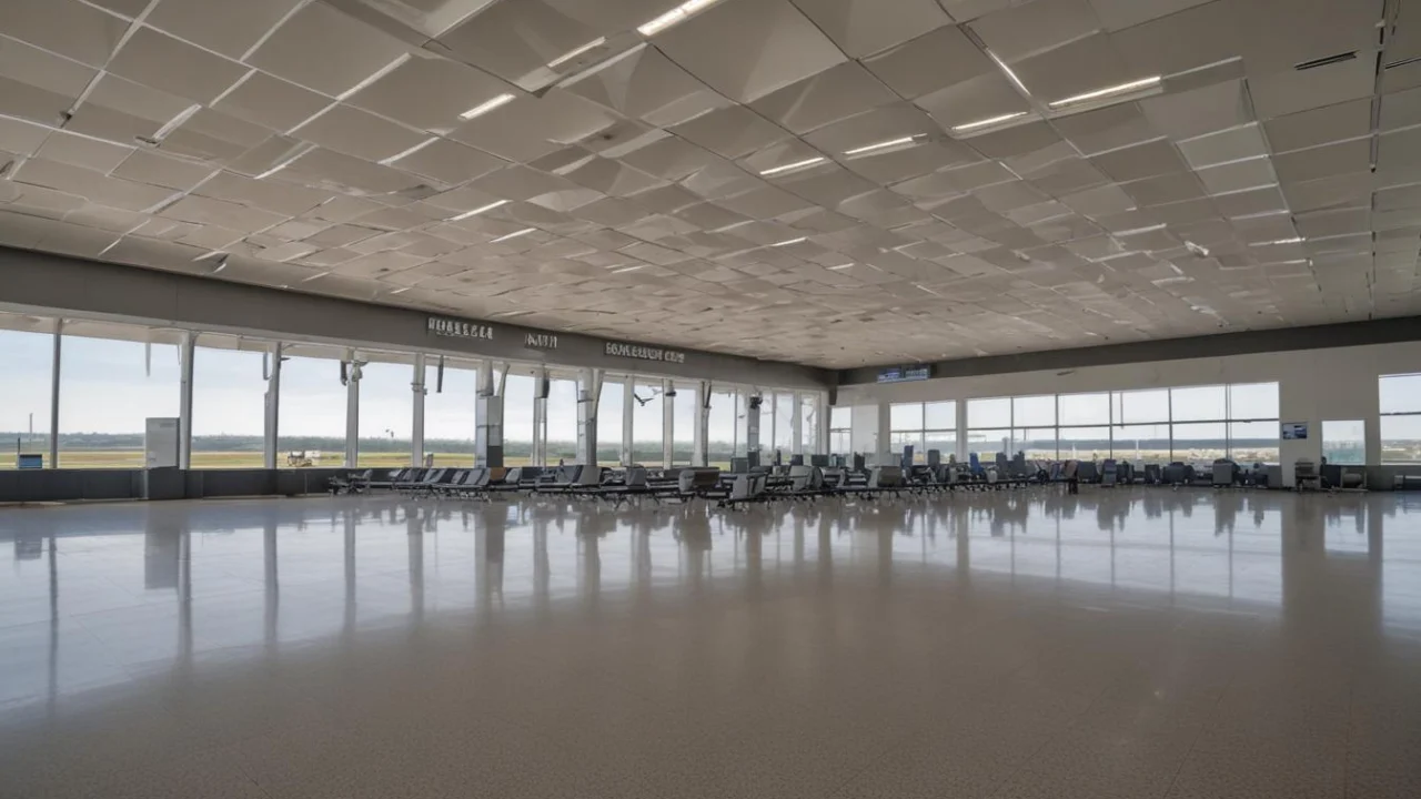 Sala ampla de desembarque de aeroporto internacional, com esteira de bagagens e portas de vidro ao fundo