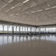 Sala ampla de desembarque de aeroporto internacional, com esteira de bagagens e portas de vidro ao fundo