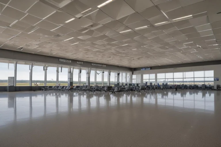 Sala ampla de desembarque de aeroporto internacional, com esteira de bagagens e portas de vidro ao fundo