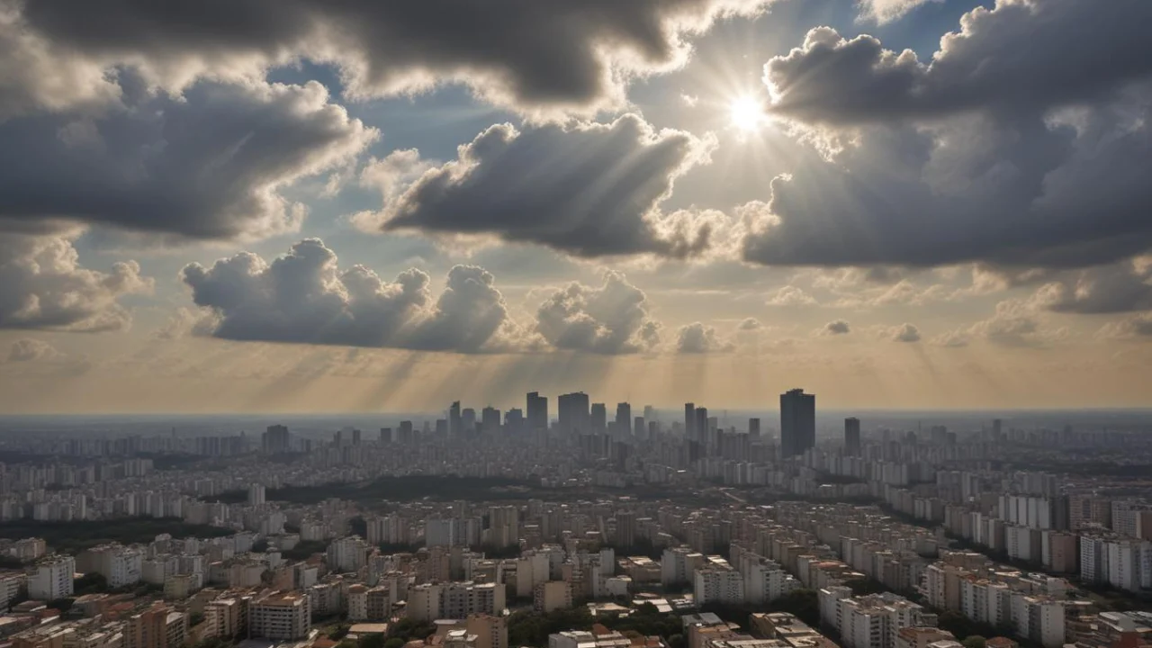 Vista urbana de Guarulhos pela manhã, com muitas nuvens e aberturas de sol