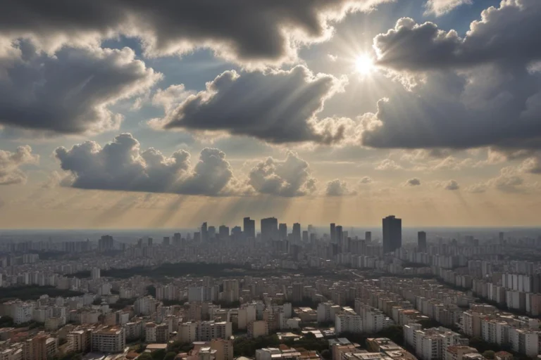 Vista urbana de Guarulhos pela manhã, com muitas nuvens e aberturas de sol