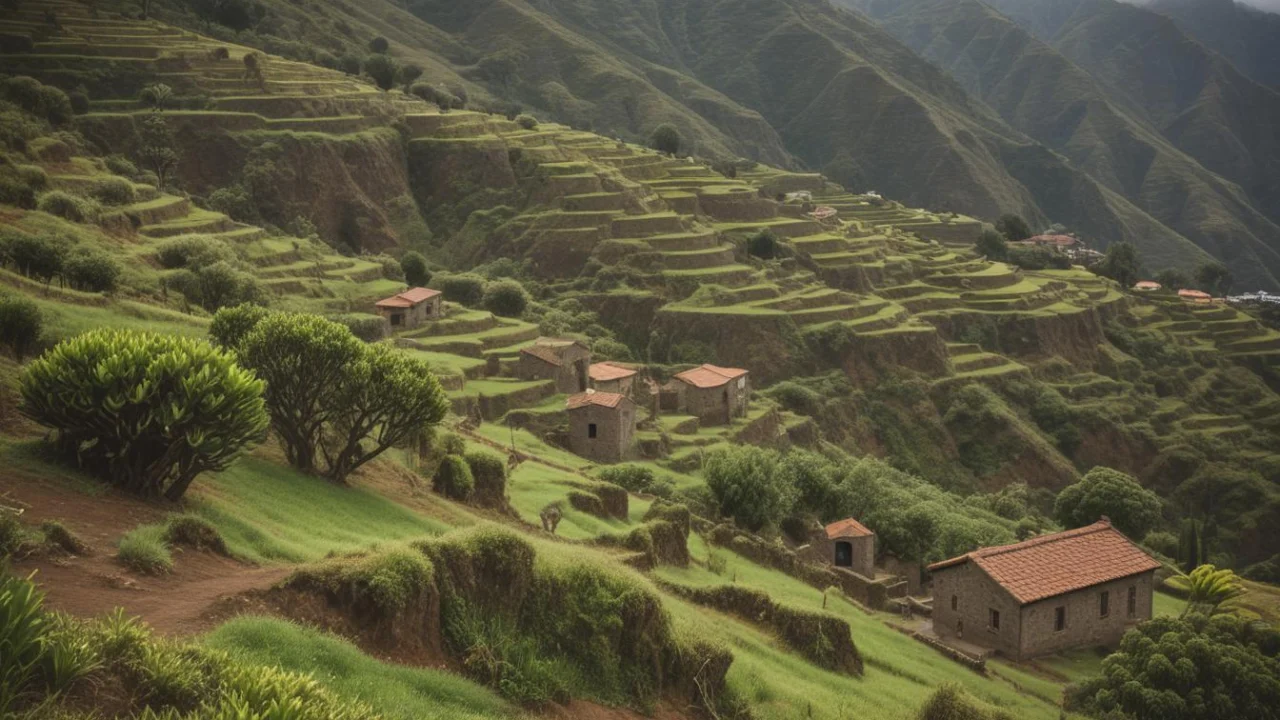 Vila histórica de casas antigas em encosta de serra verde, com neblina ao fundo