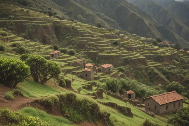 Vila histórica de casas antigas em encosta de serra verde, com neblina ao fundo