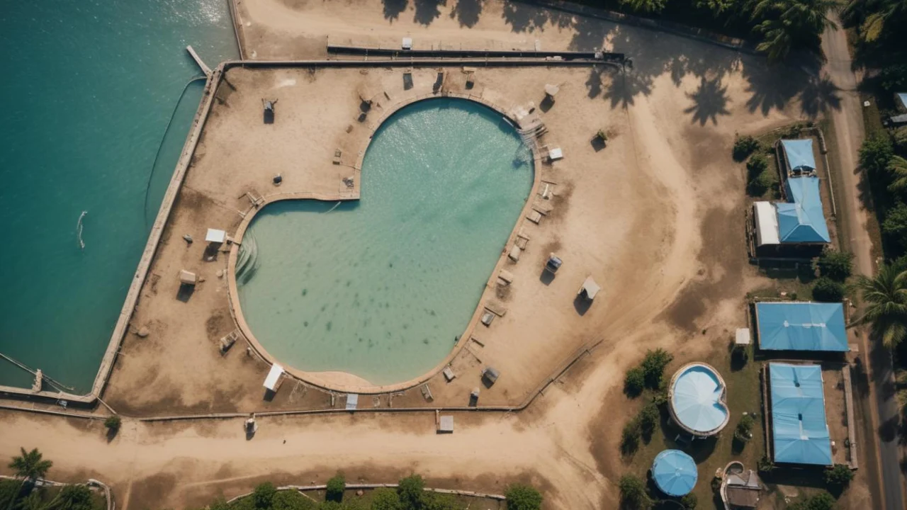 Vista aérea de piscinas de decantação de uma estação de tratamento de água, sem pessoas