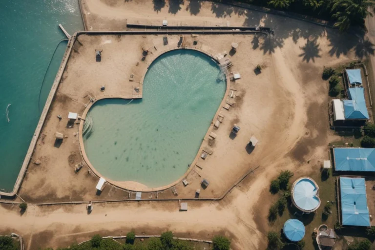 Vista aérea de piscinas de decantação de uma estação de tratamento de água, sem pessoas