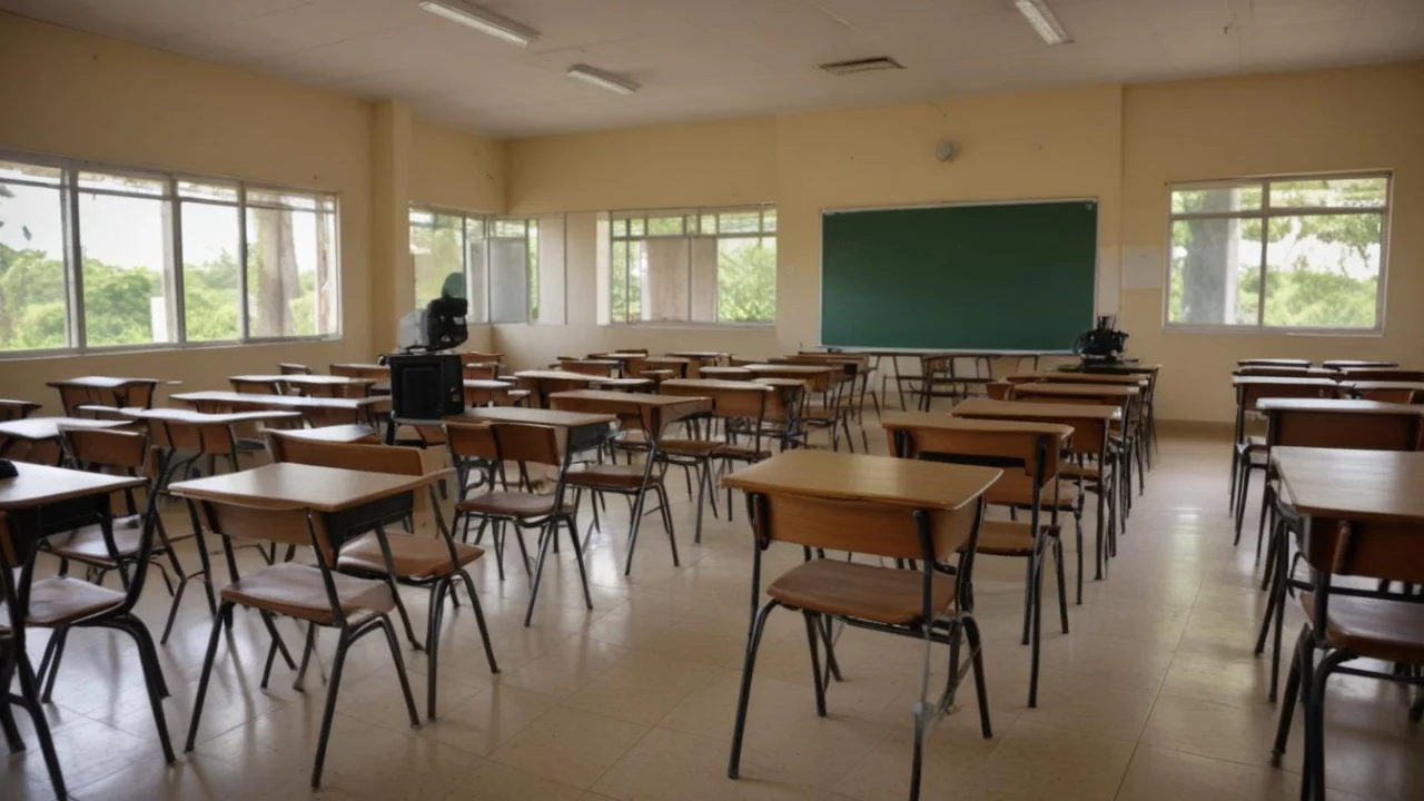 Sala de aula vazia de escola pública com carteiras enfileiradas, usada como local de votação