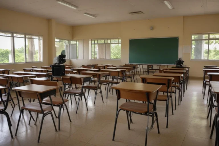 Sala de aula vazia de escola pública com carteiras enfileiradas, usada como local de votação