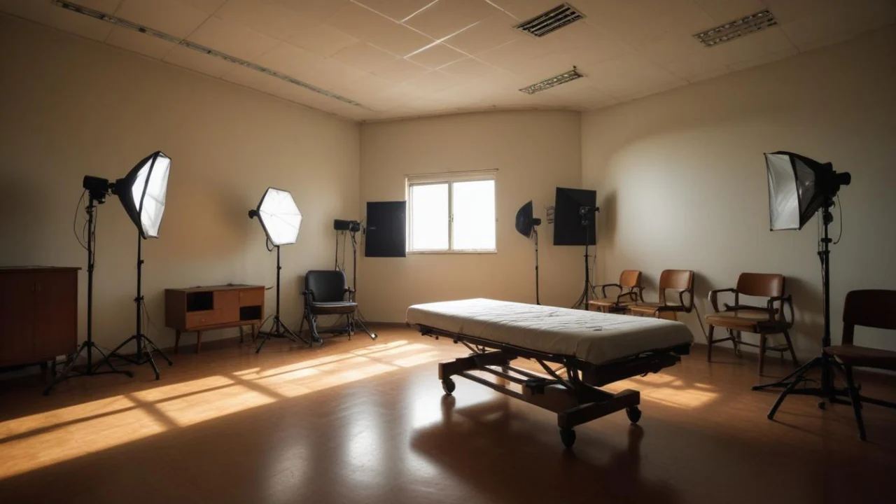 Sala hospitalar vazia com poltrona de atendimento e iluminação natural.