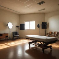 Sala hospitalar vazia com poltrona de atendimento e iluminação natural.