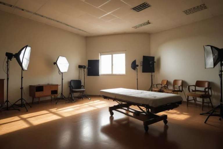 Sala hospitalar vazia com poltrona de atendimento e iluminação natural.
