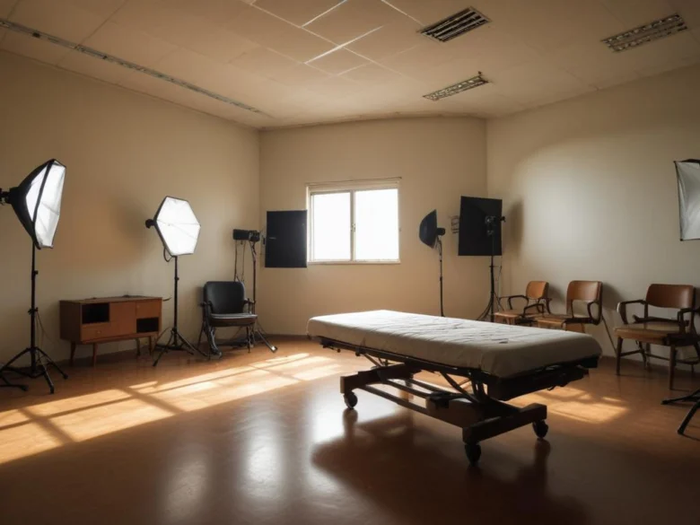 Sala hospitalar vazia com poltrona de atendimento e iluminação natural.