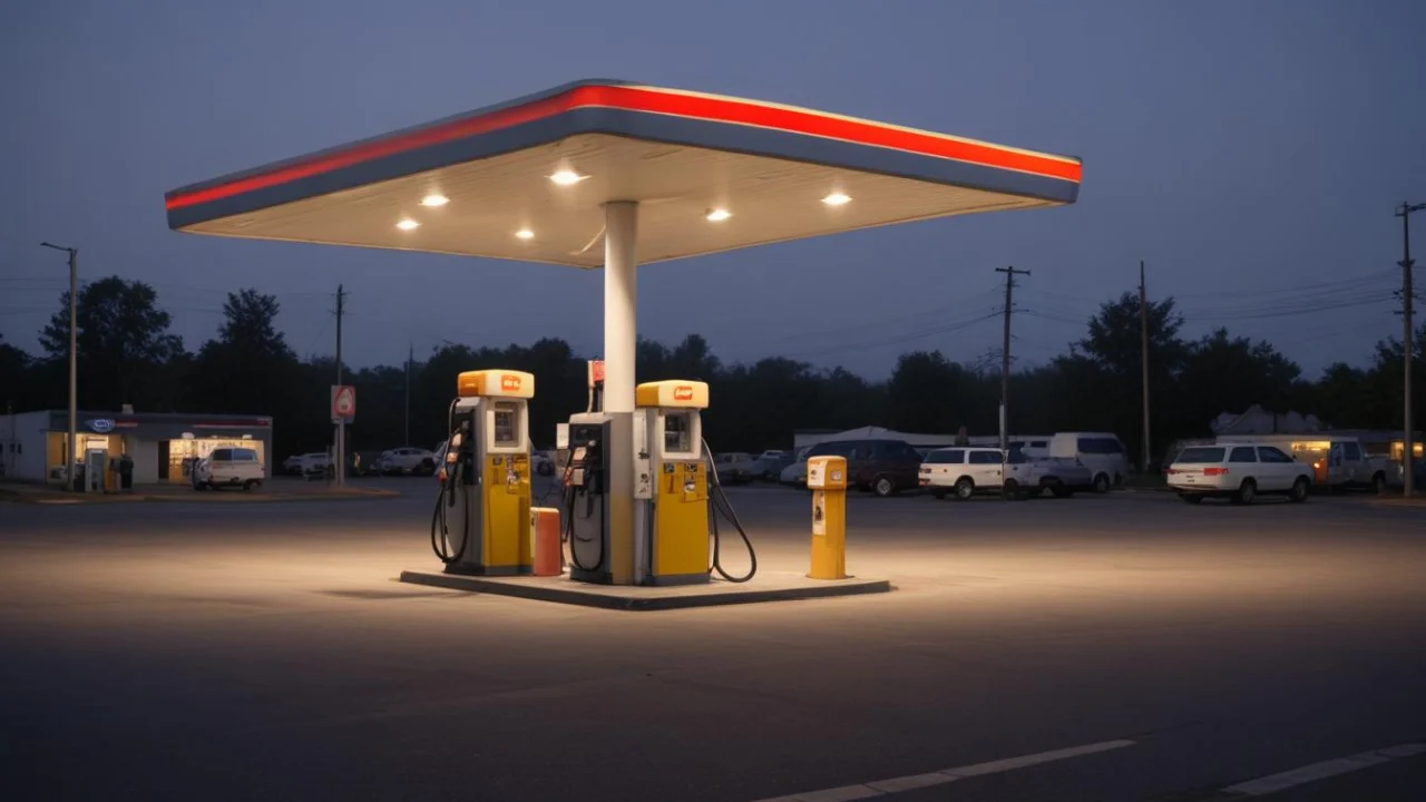 Posto de combustível de bairro ao anoitecer, com bombas de abastecimento sob cobertura iluminada e pátio de concreto vazio
