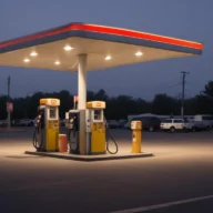 Posto de combustível de bairro ao anoitecer, com bombas de abastecimento sob cobertura iluminada e pátio de concreto vazio