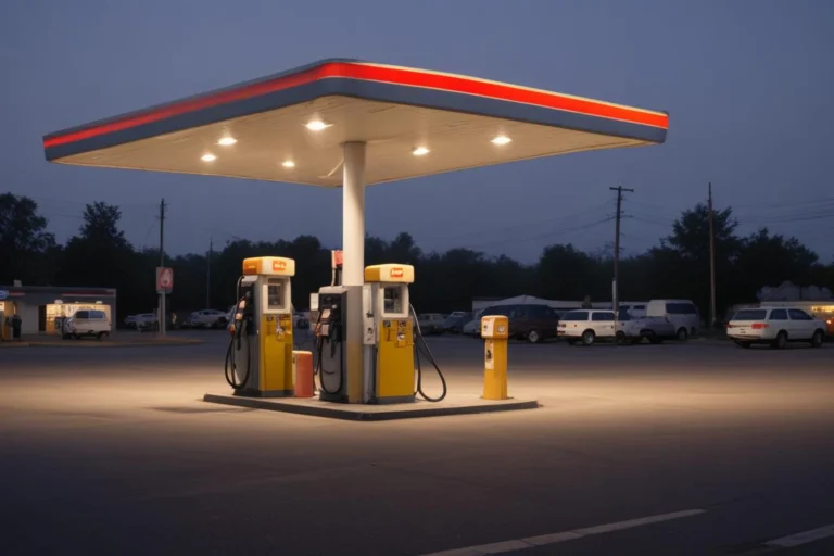 Posto de combustível de bairro ao anoitecer, com bombas de abastecimento sob cobertura iluminada e pátio de concreto vazio