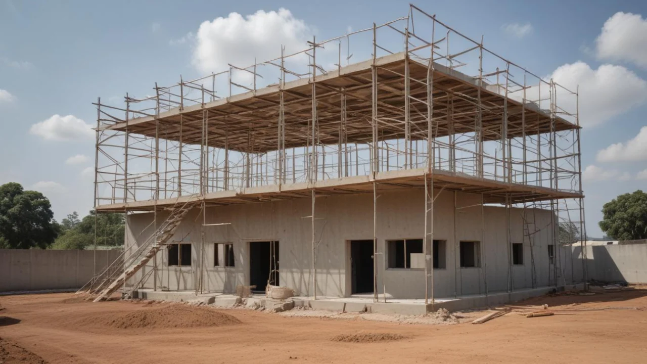 Prédio de dois pavimentos de uma unidade de saúde em construção, cercado por andaimes metálicos, em terreno de terra batida