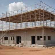 Prédio de dois pavimentos de uma unidade de saúde em construção, cercado por andaimes metálicos, em terreno de terra batida