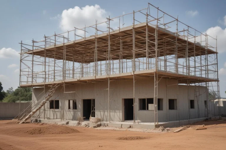 Prédio de dois pavimentos de uma unidade de saúde em construção, cercado por andaimes metálicos, em terreno de terra batida