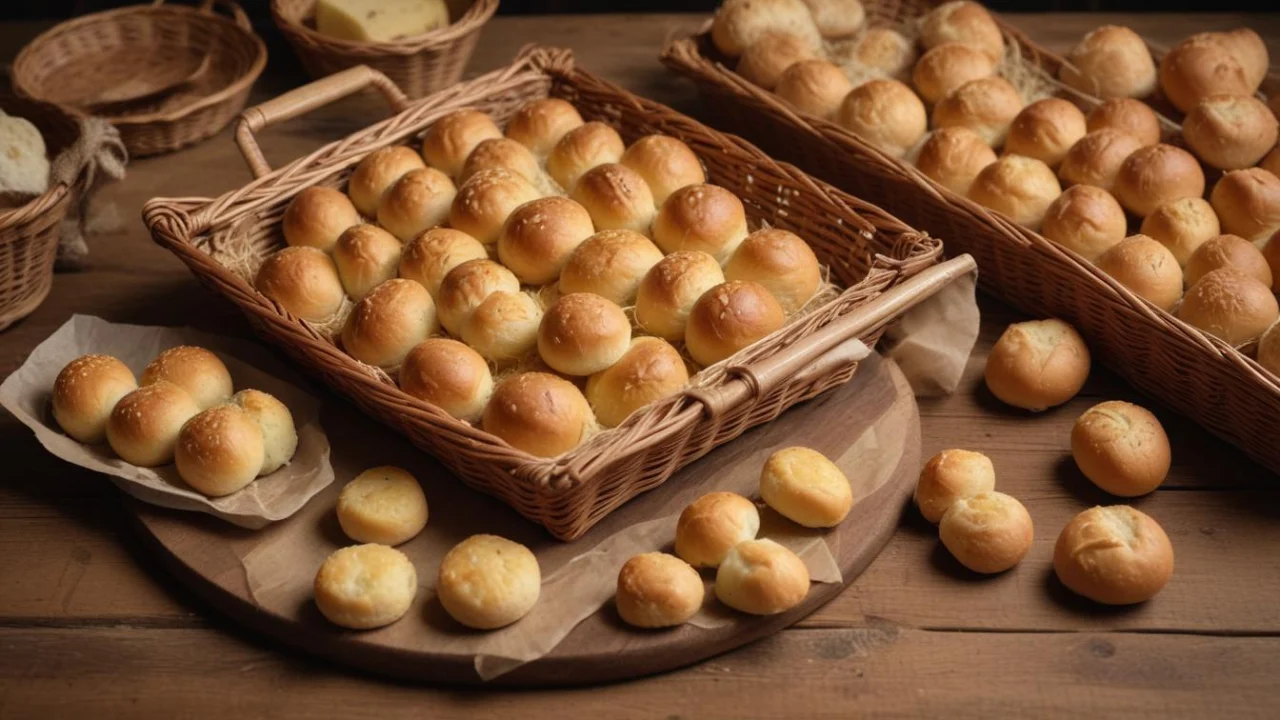 Cestos de vime com pães de queijo sobre mesa de madeira, em um ambiente de feira de alimentos