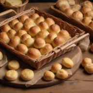 Cestos de vime com pães de queijo sobre mesa de madeira, em um ambiente de feira de alimentos