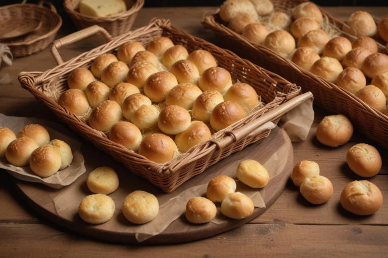 Cestos de vime com pães de queijo sobre mesa de madeira, em um ambiente de feira de alimentos