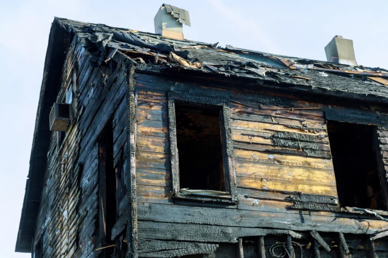 Estrutura de madeira de uma casa destruída pelo fogo, vista da rua ao amanhecer